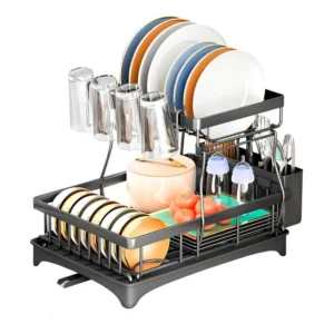 Escorredor De Louça 2 Em 1 Decoteam 2 Níveis Ralo Ajustável Cor Preto