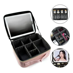 Maleta Bolsa Make Acessórios Espelho Led Porta Pincel Rosa